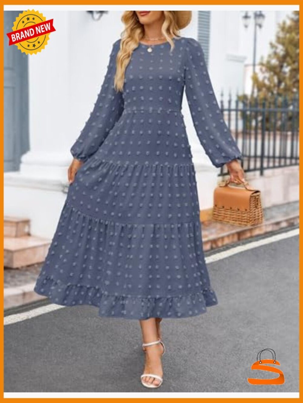 Swiss Dot Long Sleeve Maxi Dress - Flowy A-Line Tiered Casual - Picture 2 of 7